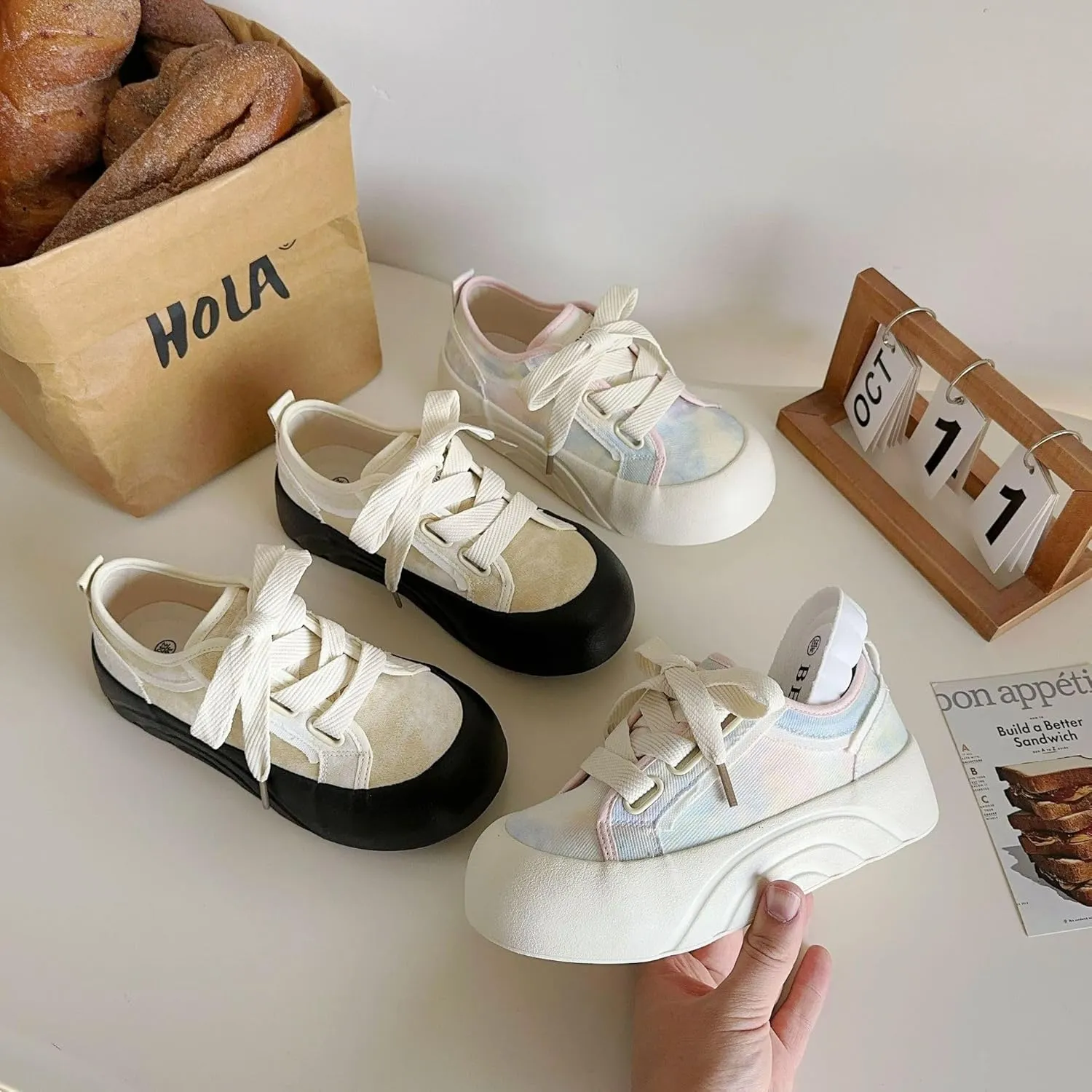 Kawaii Round-Toe Canvas Slip-On Chunky Sneakers - Y2K Retro Hook & Loop Cute Shoes for Women & Girls, Comfy Thick Sole Low-Top White Casual Streetwear for Back to School, Beach Travel, All-Match