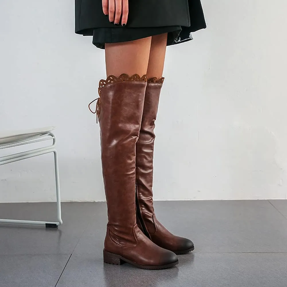 keleimusi Women's Block Low Heel Thigh High Boots Round toe Fur-lined Over The Knee Flat Riding Boots