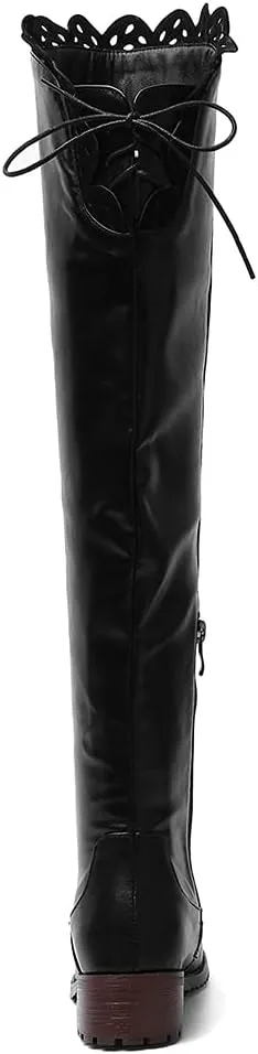 keleimusi Women's Block Low Heel Thigh High Boots Round toe Fur-lined Over The Knee Flat Riding Boots