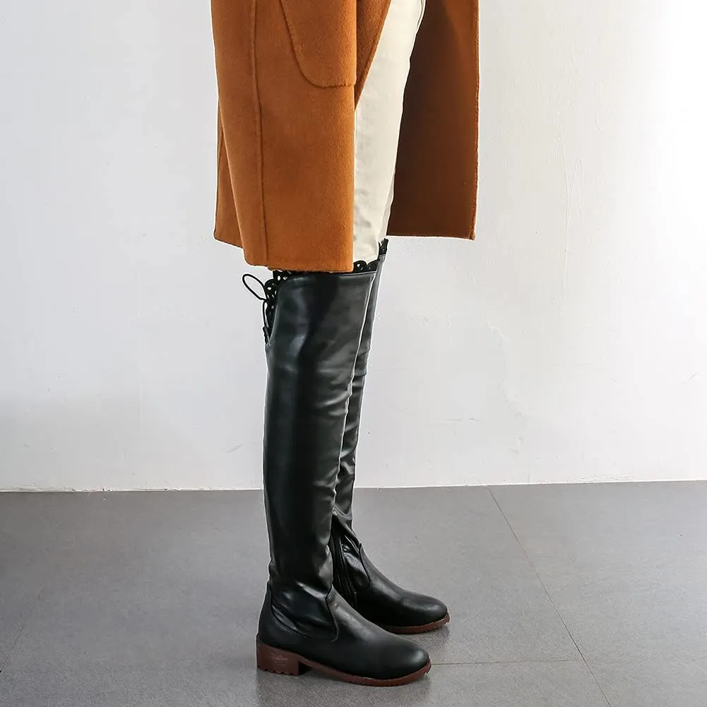 keleimusi Women's Block Low Heel Thigh High Boots Round toe Fur-lined Over The Knee Flat Riding Boots
