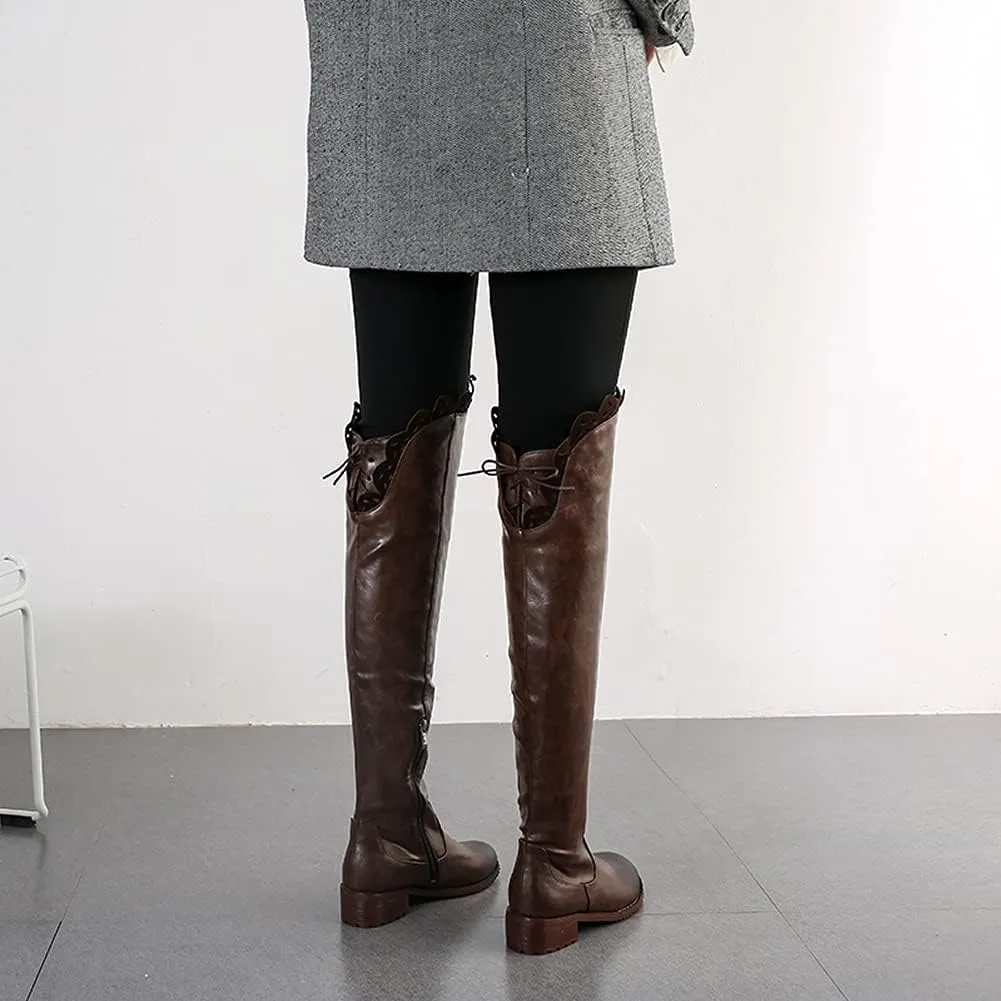 keleimusi Women's Block Low Heel Thigh High Boots Round toe Fur-lined Over The Knee Flat Riding Boots