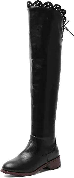 keleimusi Women's Block Low Heel Thigh High Boots Round toe Fur-lined Over The Knee Flat Riding Boots