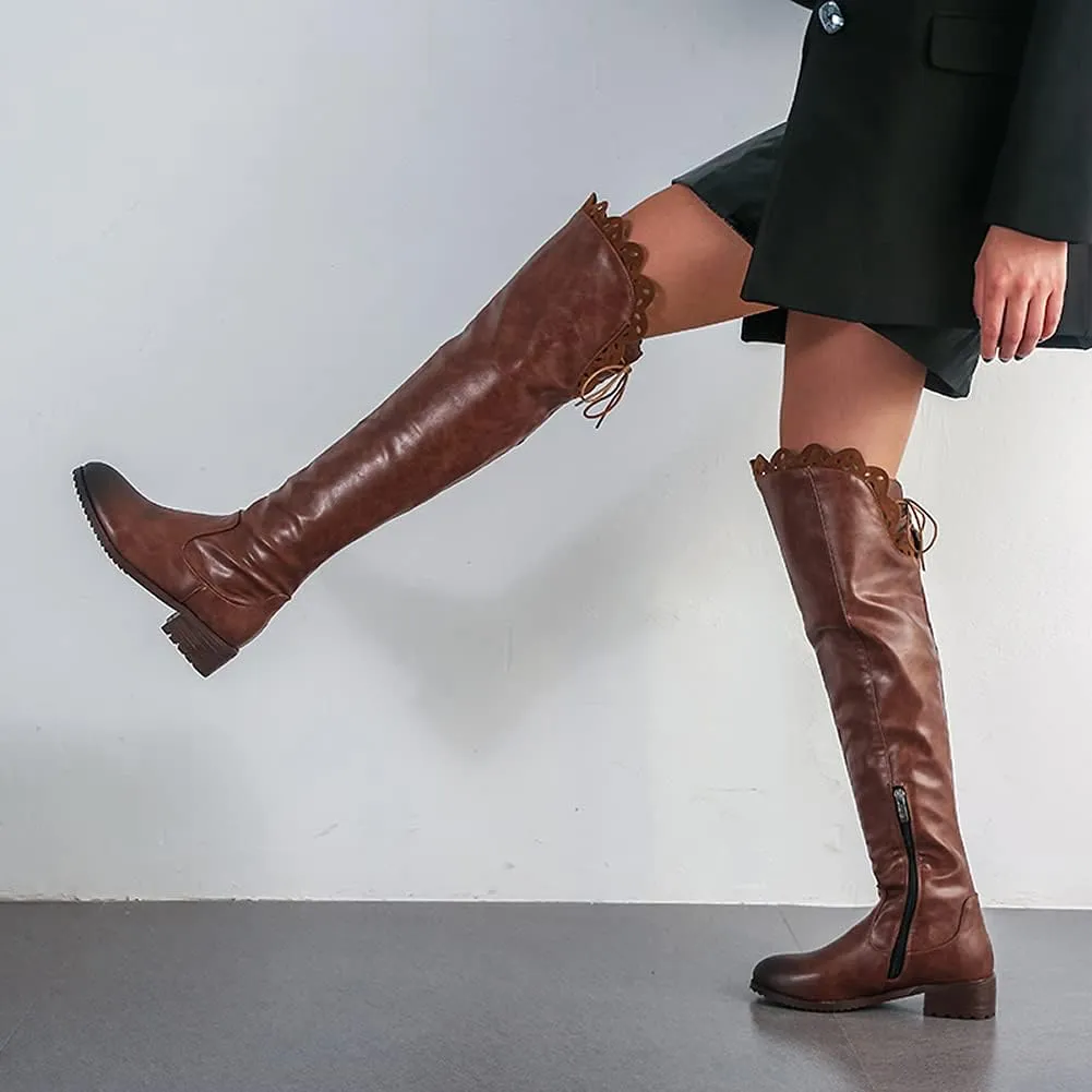 keleimusi Women's Block Low Heel Thigh High Boots Round toe Fur-lined Over The Knee Flat Riding Boots