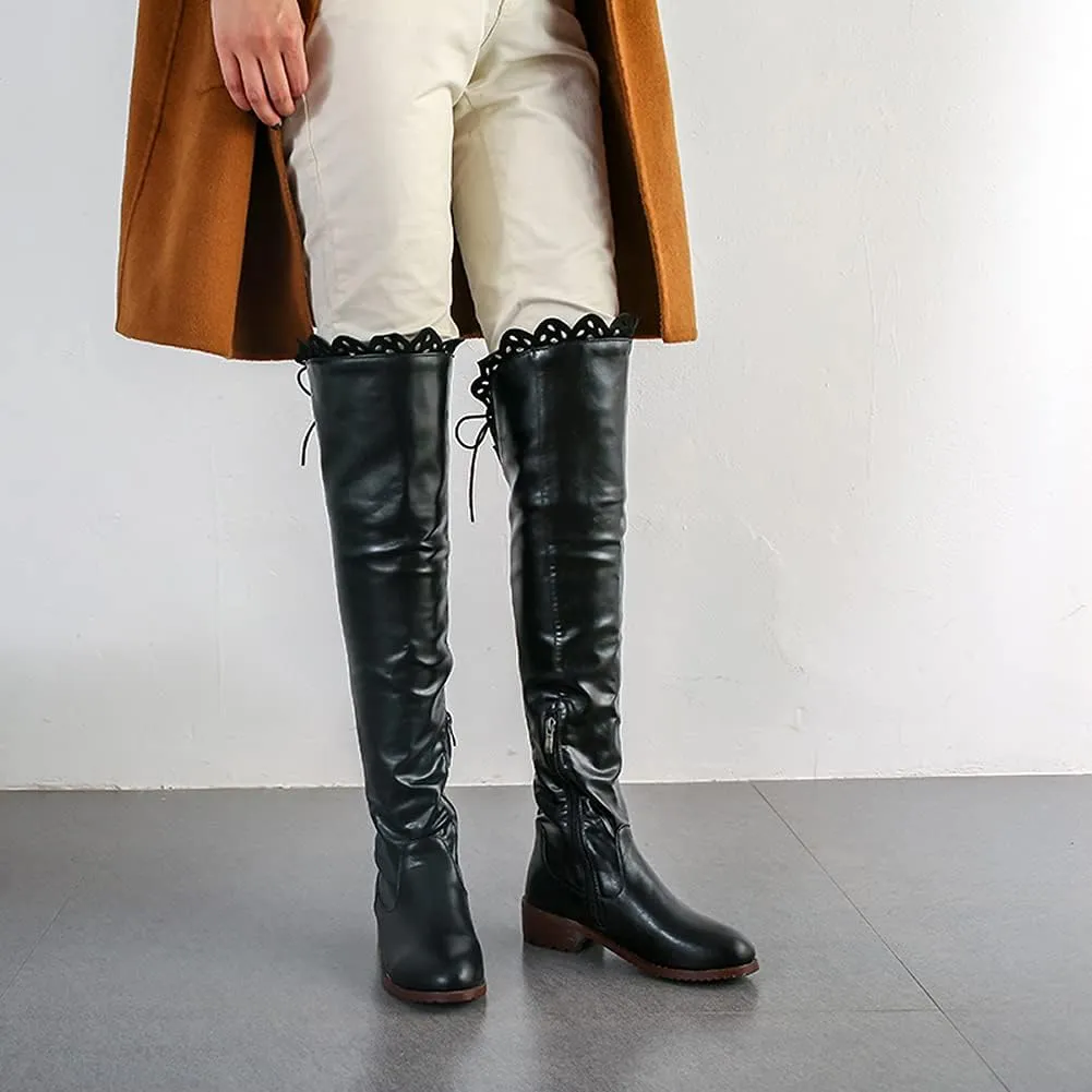 keleimusi Women's Block Low Heel Thigh High Boots Round toe Fur-lined Over The Knee Flat Riding Boots
