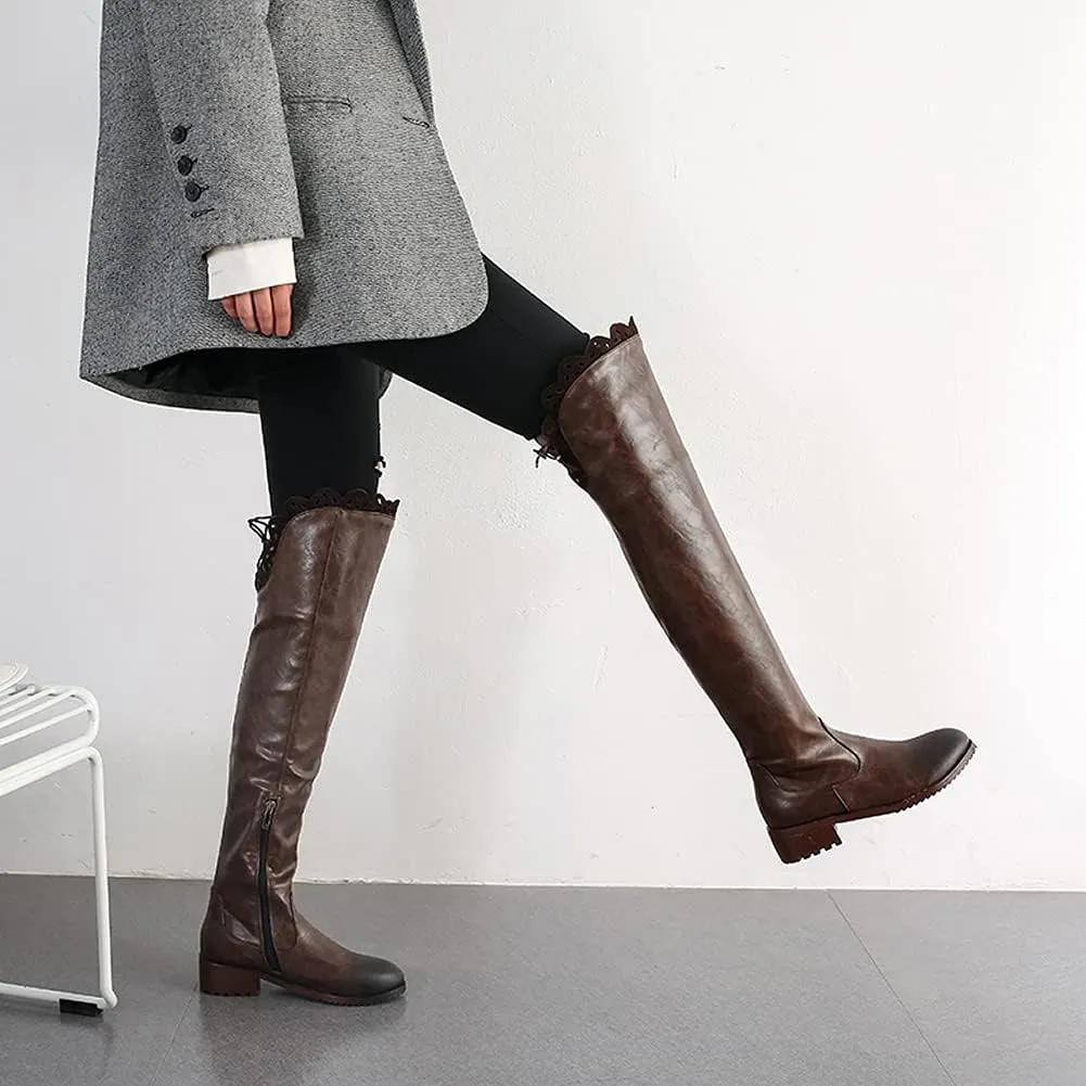 keleimusi Women's Block Low Heel Thigh High Boots Round toe Fur-lined Over The Knee Flat Riding Boots