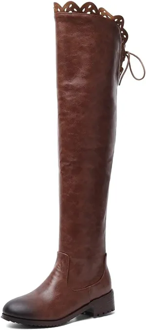 keleimusi Women's Block Low Heel Thigh High Boots Round toe Fur-lined Over The Knee Flat Riding Boots