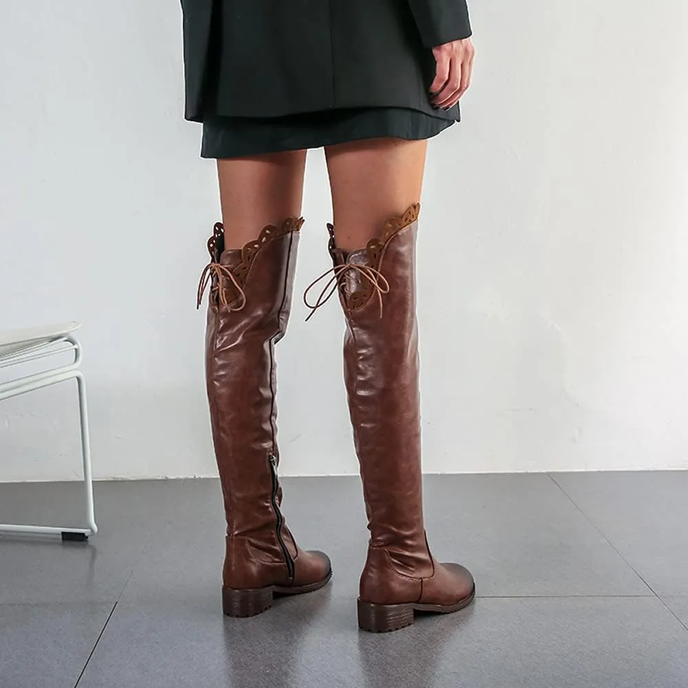 keleimusi Women's Block Low Heel Thigh High Boots Round toe Fur-lined Over The Knee Flat Riding Boots