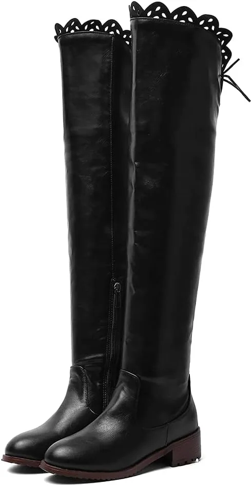 keleimusi Women's Block Low Heel Thigh High Boots Round toe Fur-lined Over The Knee Flat Riding Boots