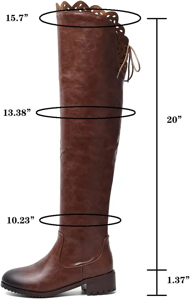 keleimusi Women's Block Low Heel Thigh High Boots Round toe Fur-lined Over The Knee Flat Riding Boots