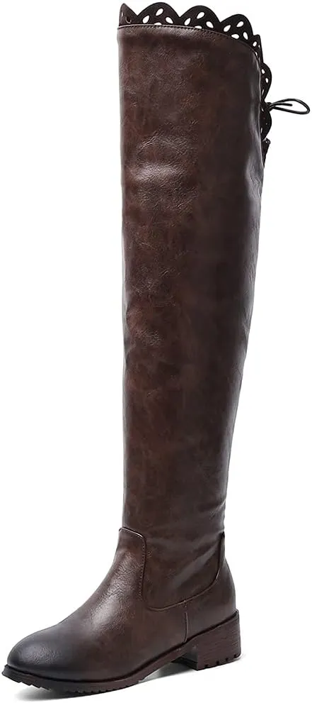 keleimusi Women's Block Low Heel Thigh High Boots Round toe Fur-lined Over The Knee Flat Riding Boots