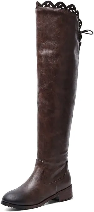keleimusi Women's Block Low Heel Thigh High Boots Round toe Fur-lined Over The Knee Flat Riding Boots