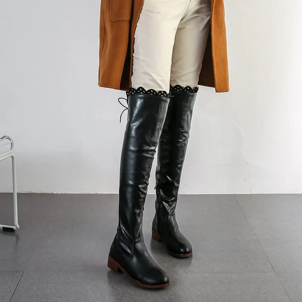 keleimusi Women's Block Low Heel Thigh High Boots Round toe Fur-lined Over The Knee Flat Riding Boots
