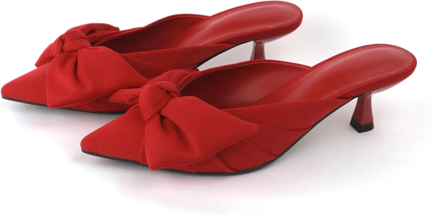 Kitten Heels for Women Pointed Closed Toe Dressy Bow Heel Vintage Heeled Mules Sexy Slip on Stiletto Pump Shoes