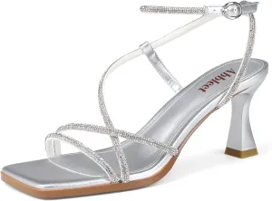 Kitten Heels for Women - Square Open Toe Strappy Heeled Sandals with Ankle Strap - Wedding Dress Heels