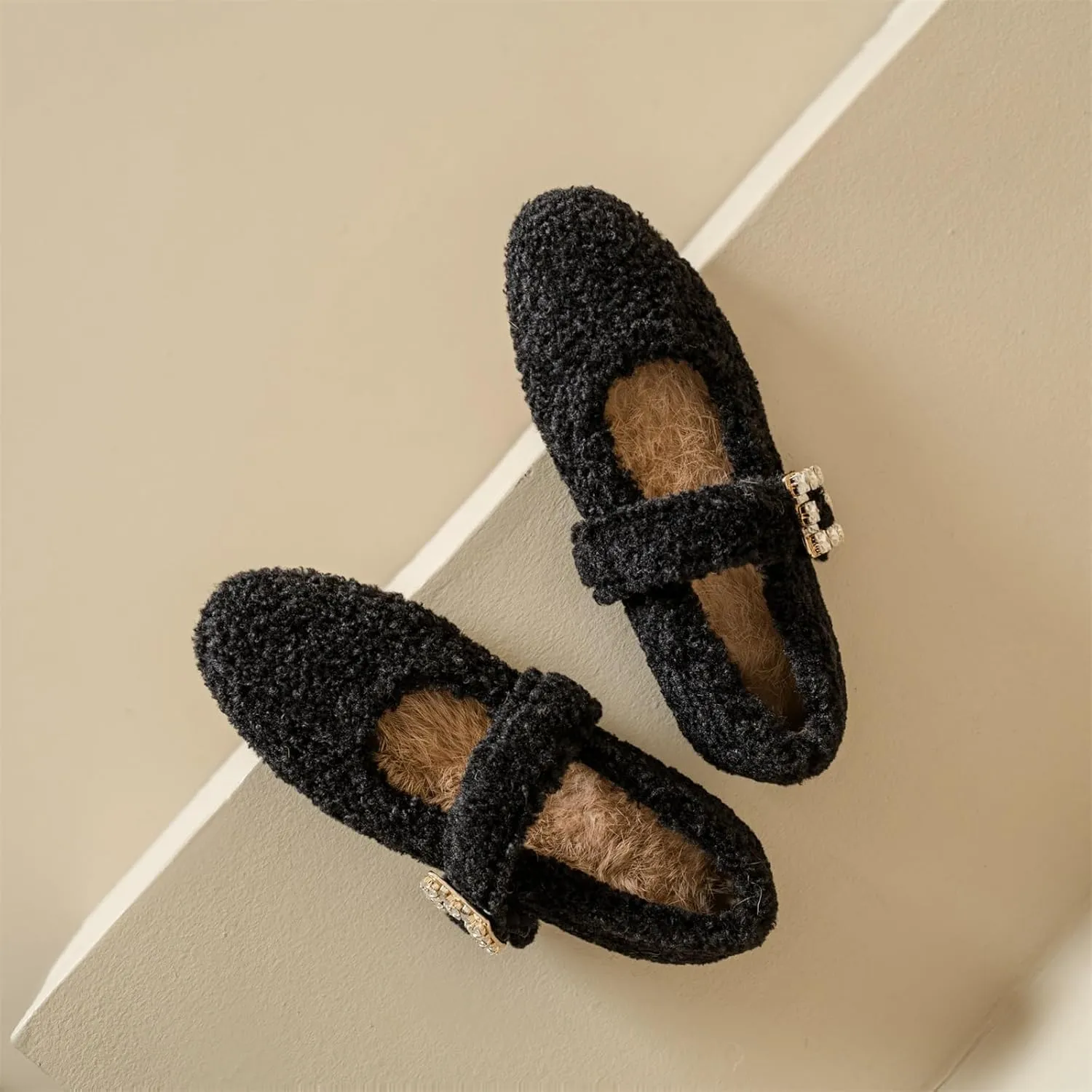 Kluolandi Women's Shearling Ballet Flats with Strap Warm Rabbit Fur Lined Crystal Buckle Mary Jane Flat Shoes