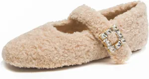 Kluolandi Women's Shearling Ballet Flats with Strap Warm Rabbit Fur Lined Crystal Buckle Mary Jane Flat Shoes