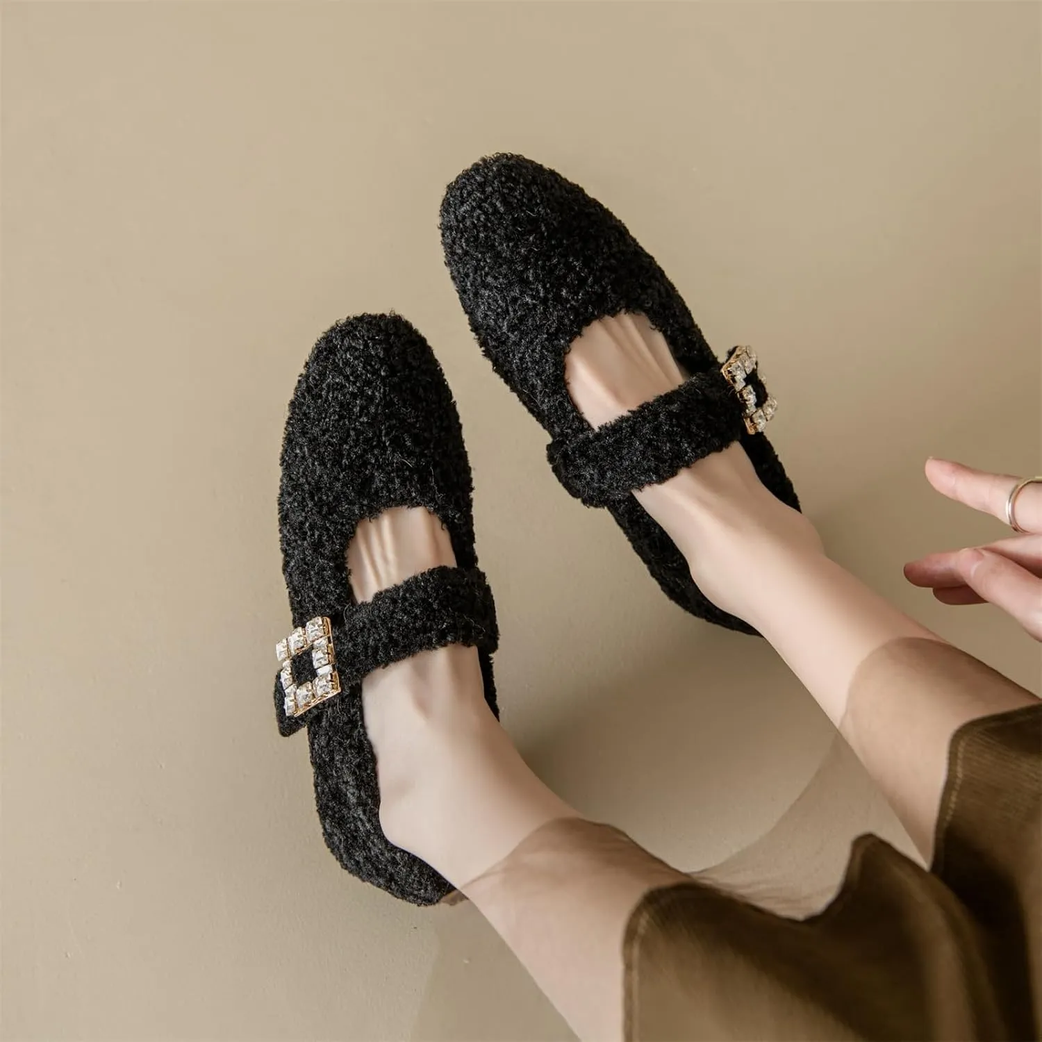 Kluolandi Women's Shearling Ballet Flats with Strap Warm Rabbit Fur Lined Crystal Buckle Mary Jane Flat Shoes