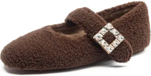 Kluolandi Women's Shearling Ballet Flats with Strap Warm Rabbit Fur Lined Crystal Buckle Mary Jane Flat Shoes