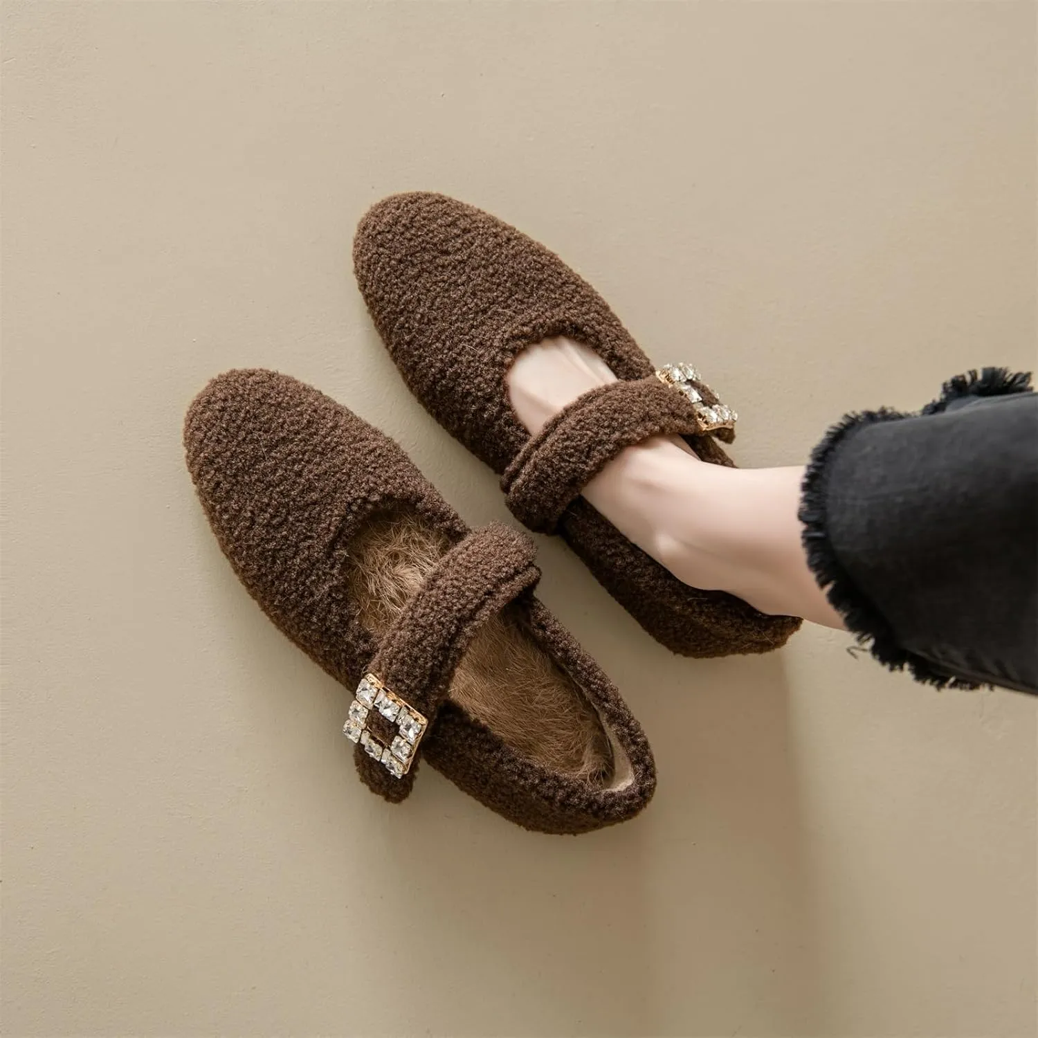 Kluolandi Women's Shearling Ballet Flats with Strap Warm Rabbit Fur Lined Crystal Buckle Mary Jane Flat Shoes