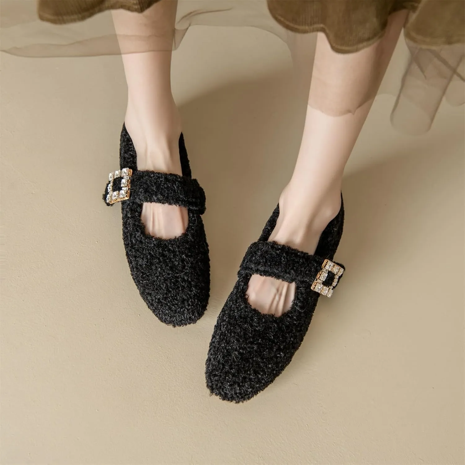 Kluolandi Women's Shearling Ballet Flats with Strap Warm Rabbit Fur Lined Crystal Buckle Mary Jane Flat Shoes