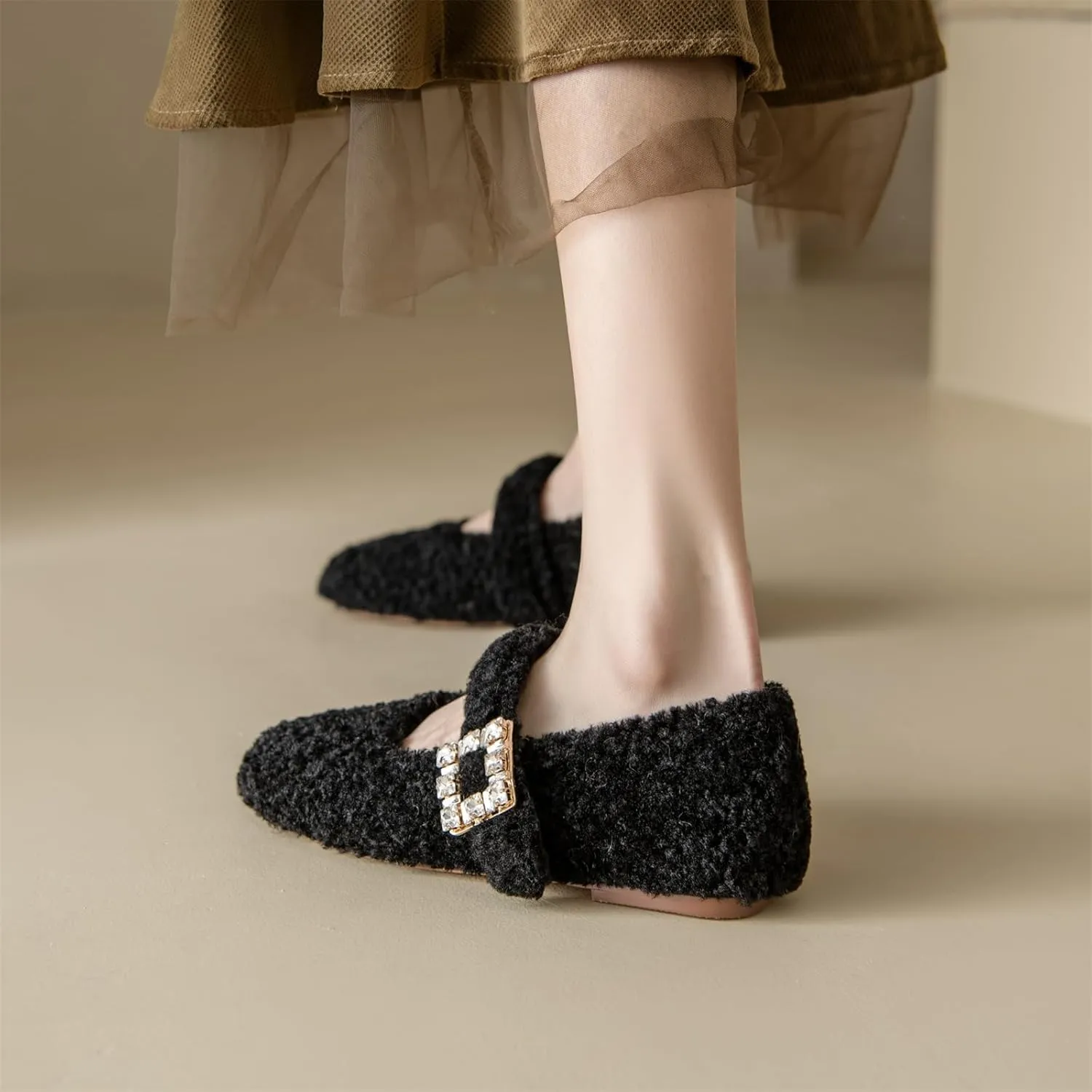 Kluolandi Women's Shearling Ballet Flats with Strap Warm Rabbit Fur Lined Crystal Buckle Mary Jane Flat Shoes