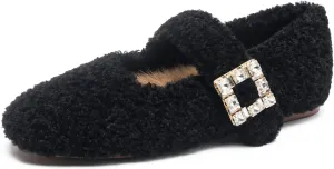 Kluolandi Women's Shearling Ballet Flats with Strap Warm Rabbit Fur Lined Crystal Buckle Mary Jane Flat Shoes