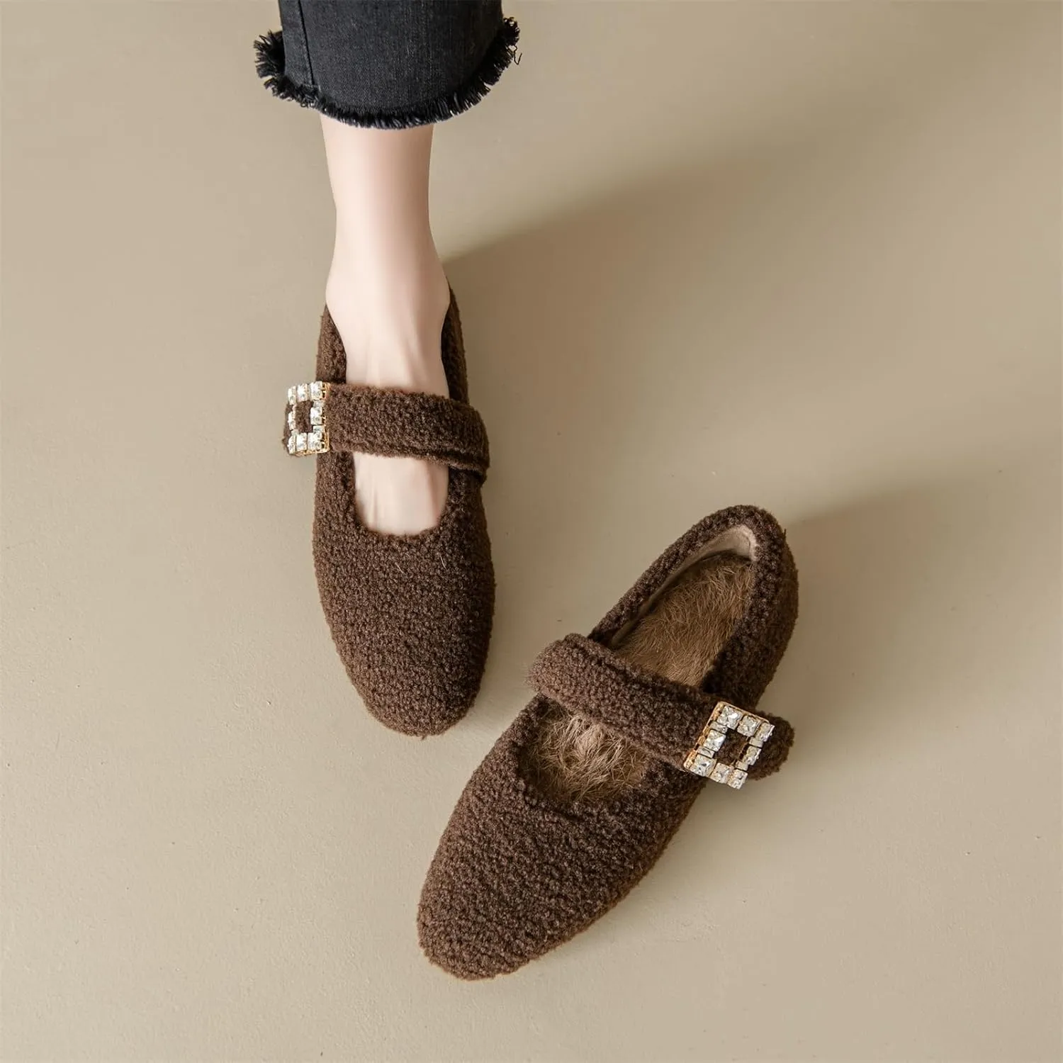 Kluolandi Women's Shearling Ballet Flats with Strap Warm Rabbit Fur Lined Crystal Buckle Mary Jane Flat Shoes