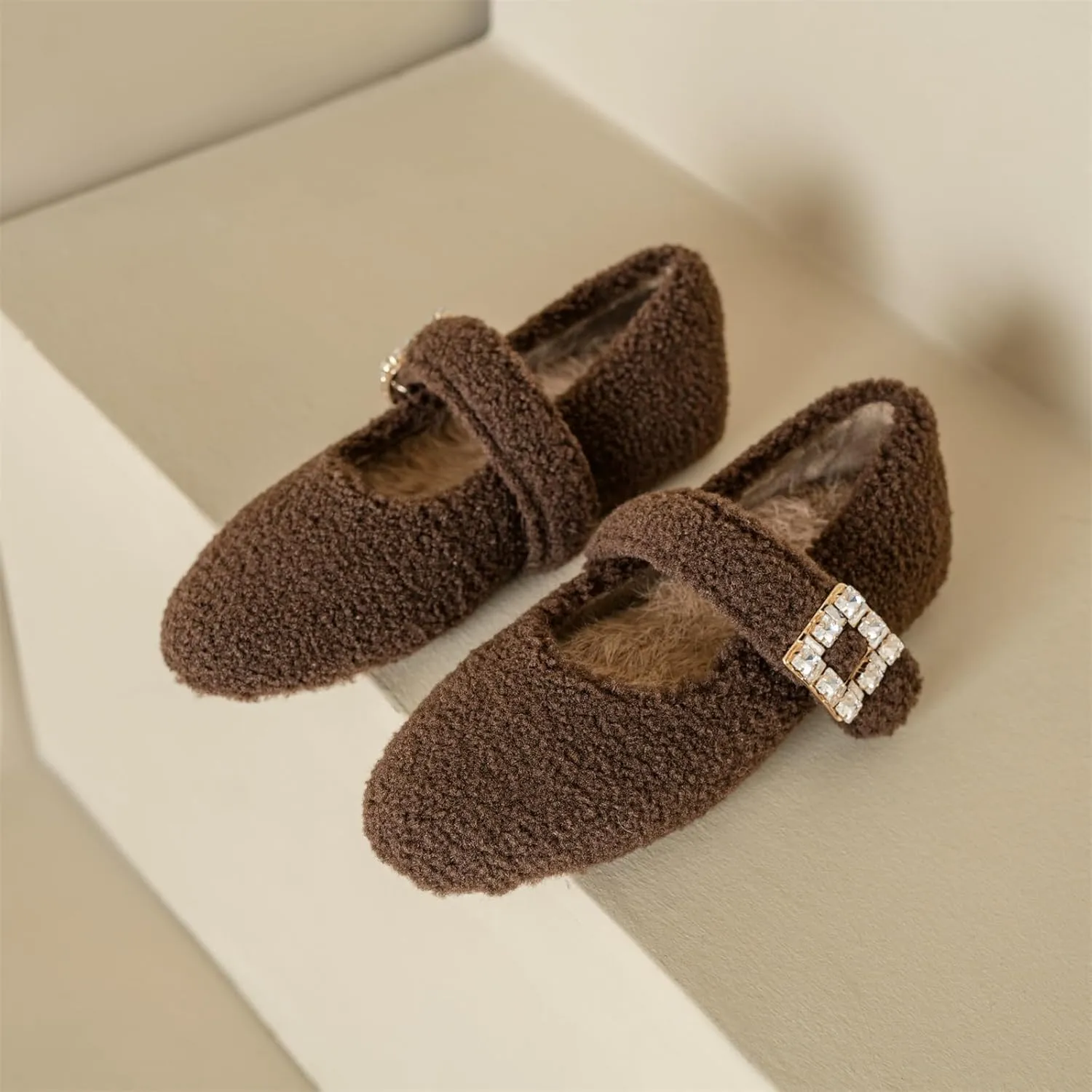 Kluolandi Women's Shearling Ballet Flats with Strap Warm Rabbit Fur Lined Crystal Buckle Mary Jane Flat Shoes