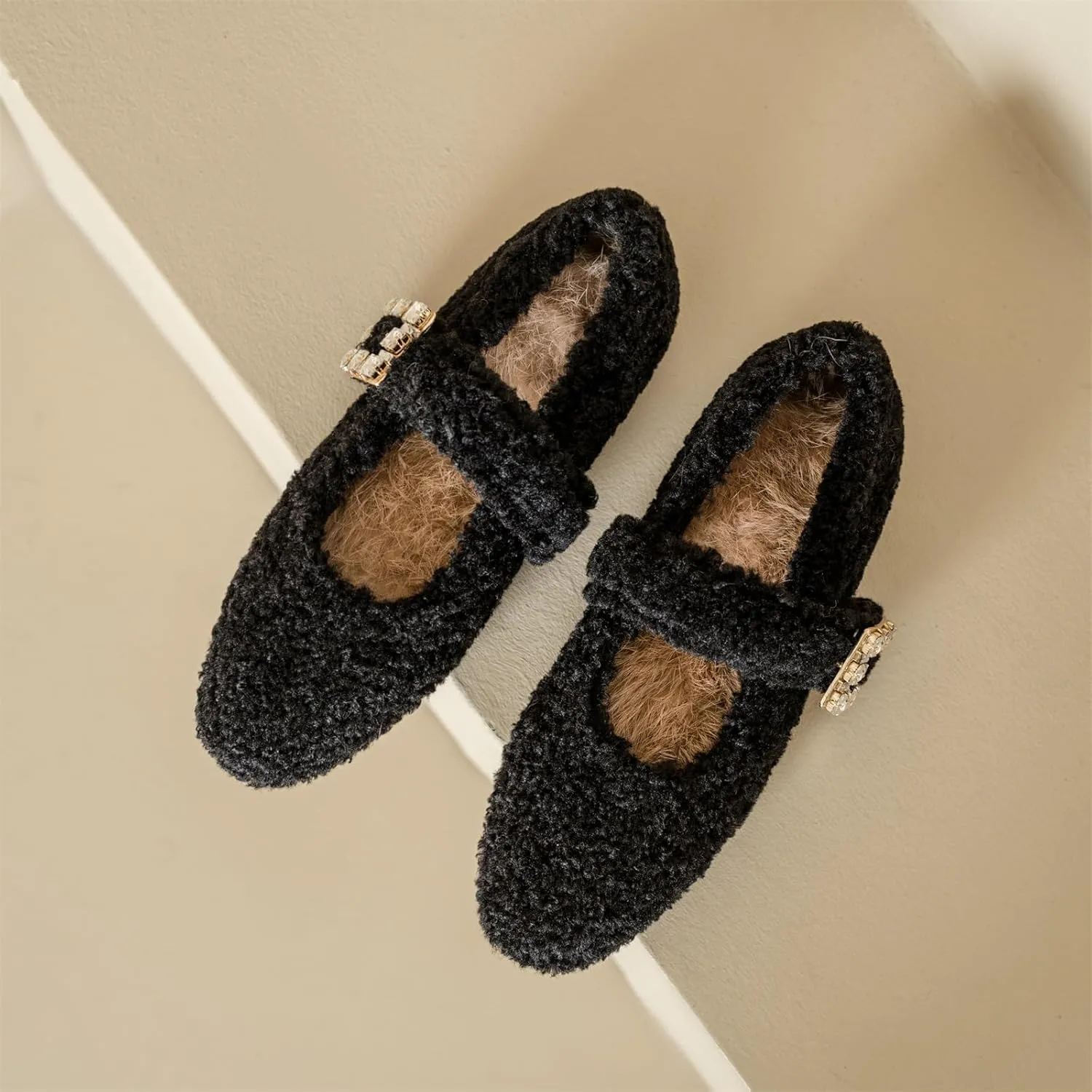Kluolandi Women's Shearling Ballet Flats with Strap Warm Rabbit Fur Lined Crystal Buckle Mary Jane Flat Shoes