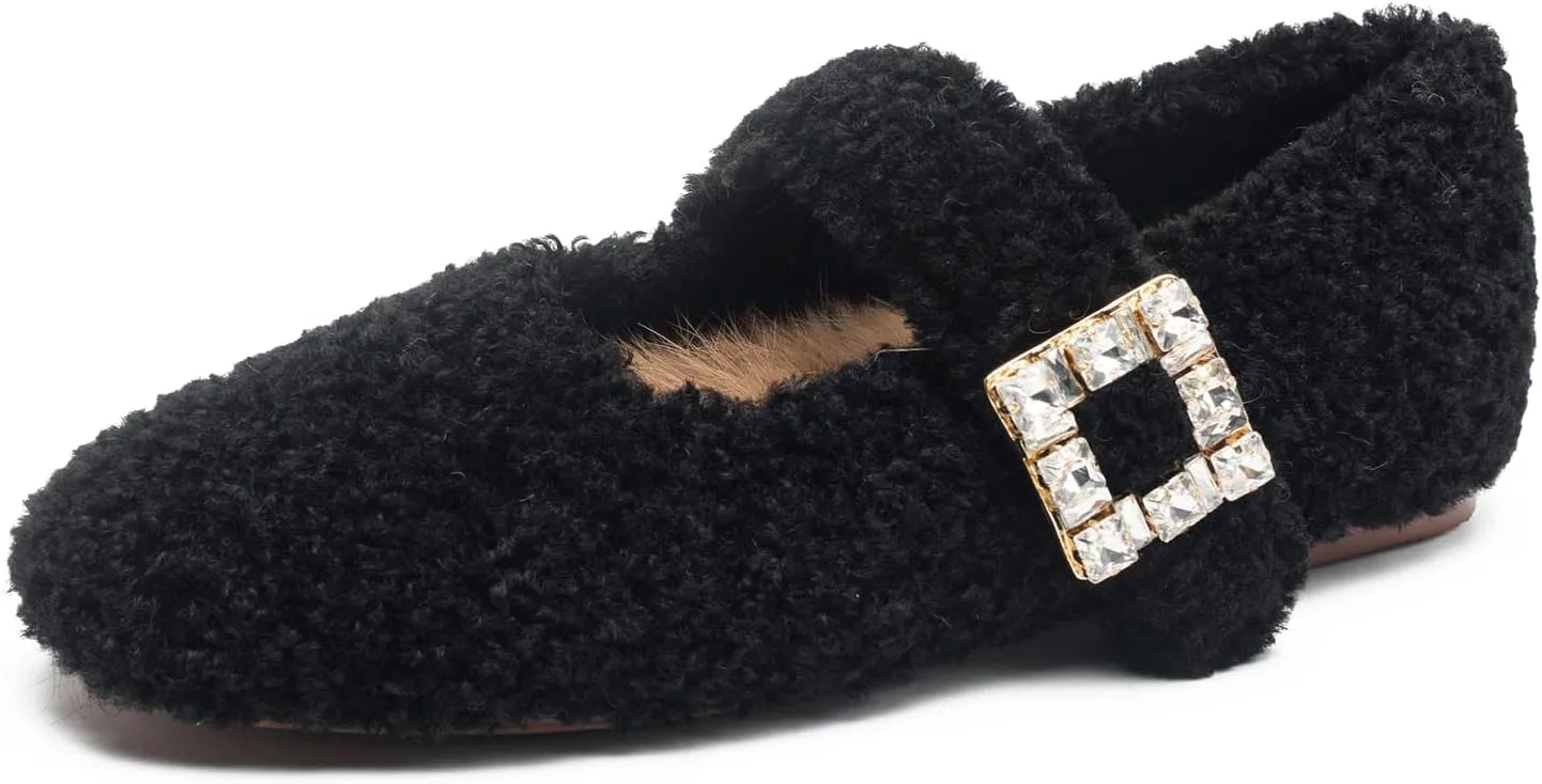 Kluolandi Women's Shearling Ballet Flats with Strap Warm Rabbit Fur Lined Crystal Buckle Mary Jane Flat Shoes