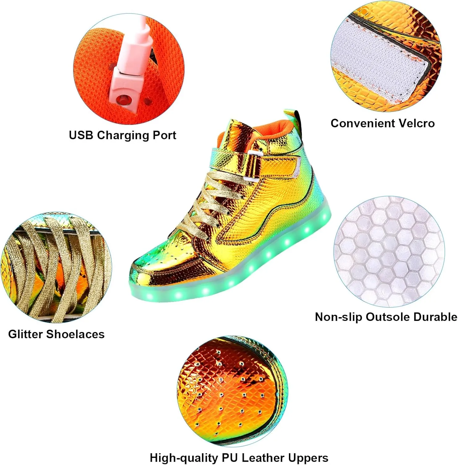 KUNWFNIX Light Up High Top Adult LED Sneakers - Multicolor, Men's & Women's - Glow in The Dark - USB Rechargeable - Dancing Parties