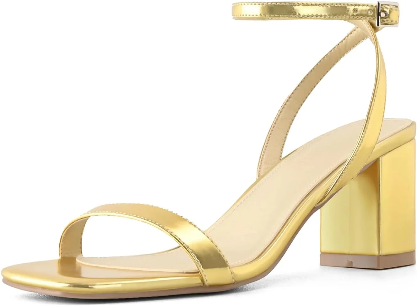 LACUONE Strappy Heels for women Block Chunky Heels Ankle Buckle Square Toe Heeled Sandals