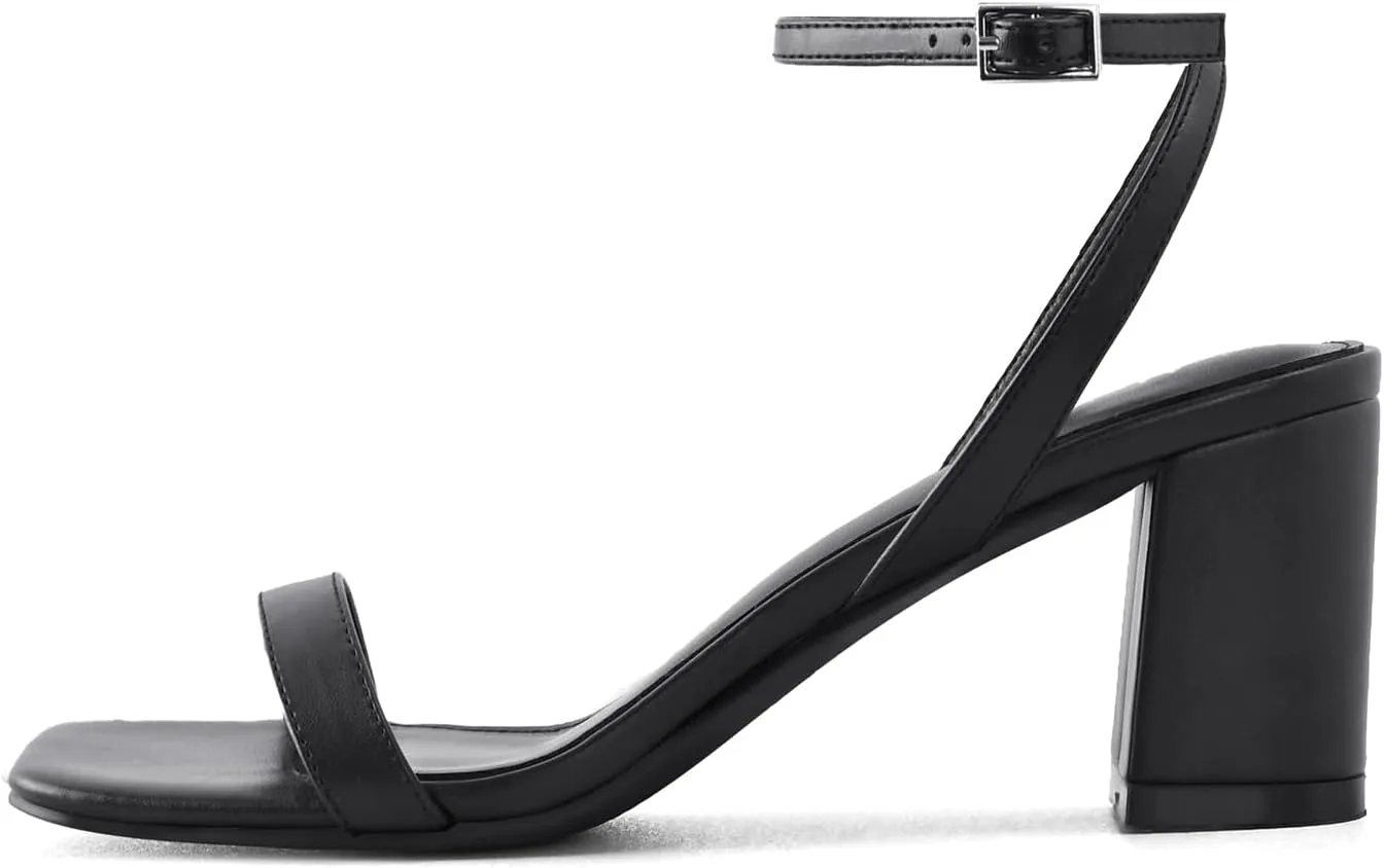 LACUONE Strappy Heels for women Block Chunky Heels Ankle Buckle Square Toe Heeled Sandals