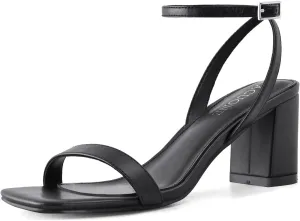 LACUONE Strappy Heels for women Block Chunky Heels Ankle Buckle Square Toe Heeled Sandals