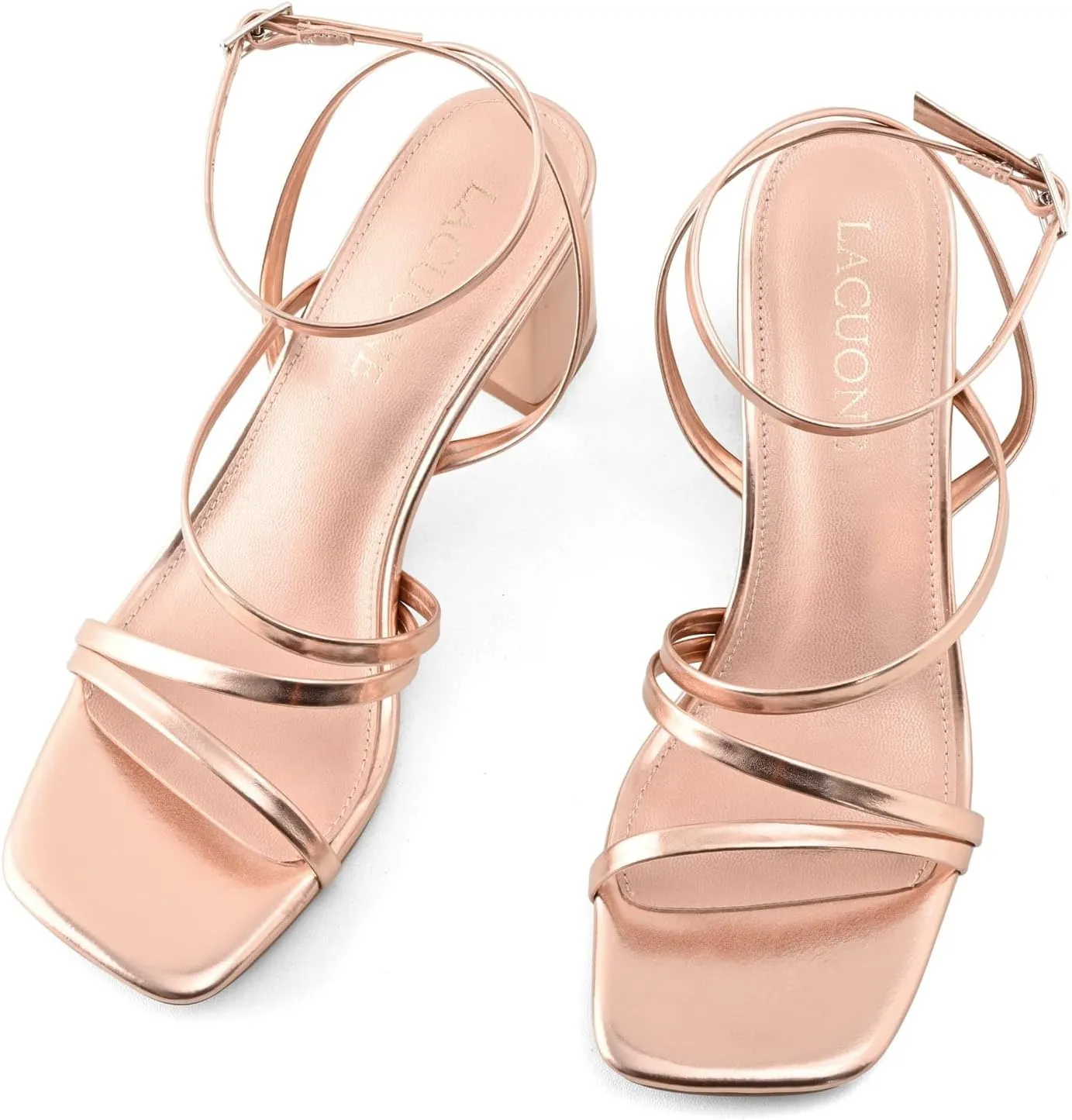LACUONE Strappy Heels for women Block Heels Square Toe Chunky Ankle Buckle Pump Heeled Sandals
