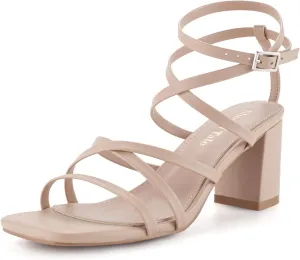 LACUONE Strappy Heels for women Square Toe Chunky Block Heels Ankle Buckle Pump Heeled Sandals