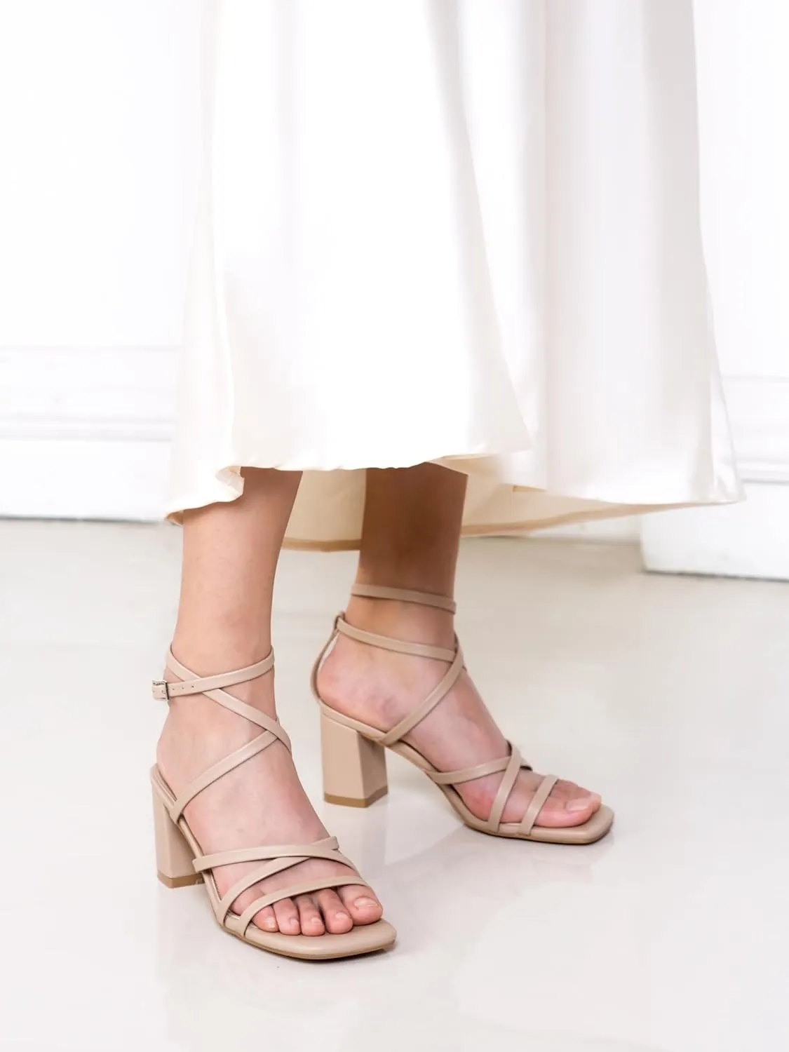 LACUONE Strappy Heels for women Square Toe Chunky Block Heels Ankle Buckle Pump Heeled Sandals
