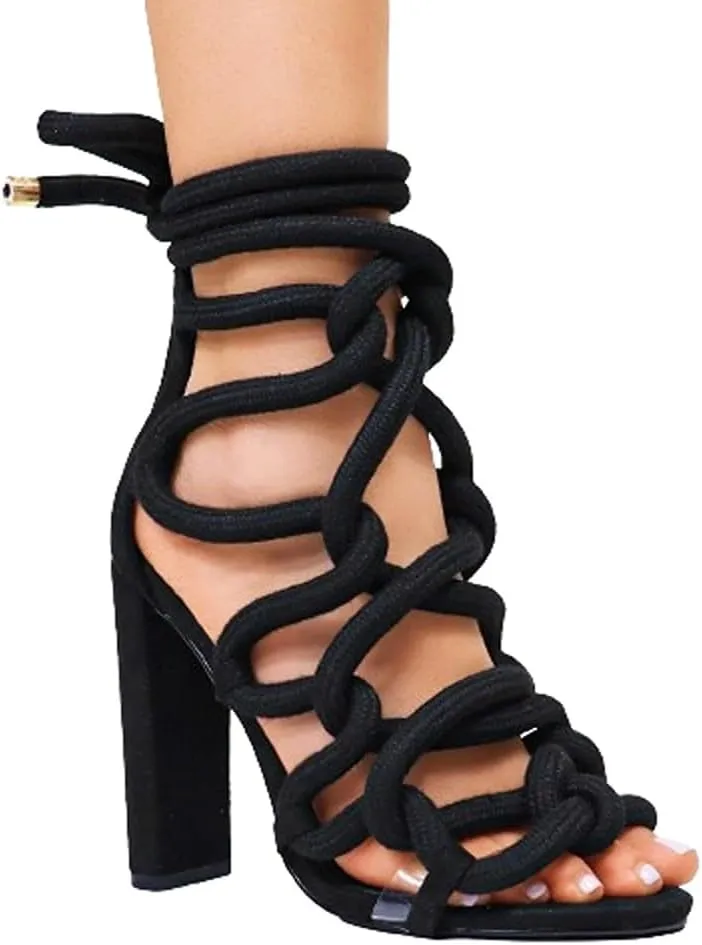 Liliana Women Chunky heel rope lace up high heel sandals