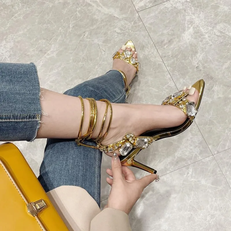 LISHAN Women's Rhinestones Studded Ankle Strappy Pointed Toe High Heels Lace Up Heeled Sandals