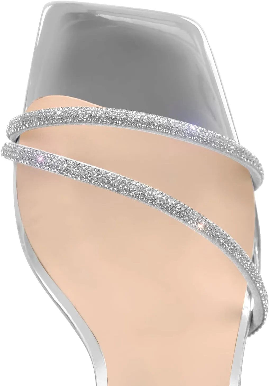LISHAN Women's Square Toe Rhinestones Studded Sandals Ankle Buckle Clear High Heels