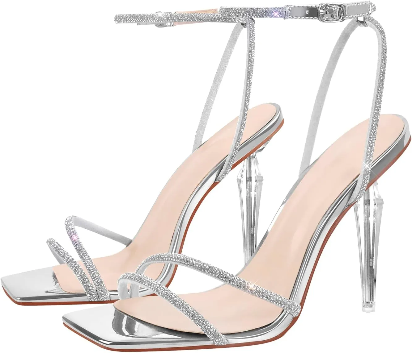 LISHAN Women's Square Toe Rhinestones Studded Sandals Ankle Buckle Clear High Heels