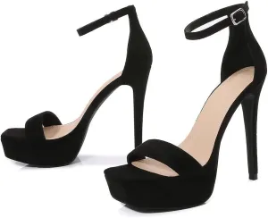 LizFoYa Women Square Toe Platform Sandal Stiletto Heels Open Toe Strappy Leather Dress Heeled Sandals for Party Night