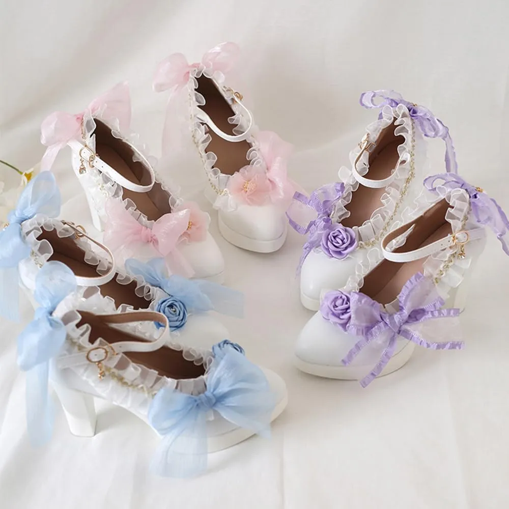 Lolita high heels lace bow high heels Elegant pointed sandals Bold heel Heel height 6cm (4.5, Blue)