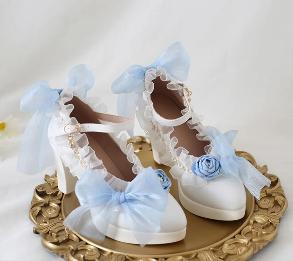 Lolita high heels lace bow high heels Elegant pointed sandals Bold heel Heel height 6cm (4.5, Blue)