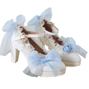Lolita high heels lace bow high heels Elegant pointed sandals Bold heel Heel height 6cm (4.5, Blue)