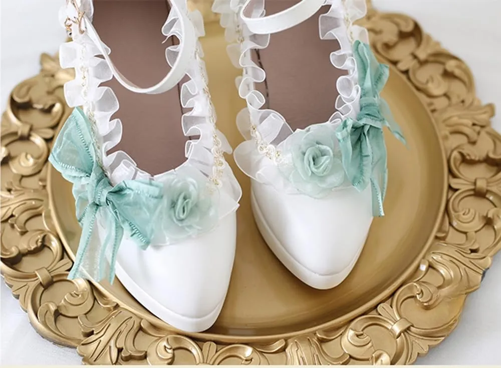 Lolita high heels lace bow high heels Elegant pointed sandals Bold heel Heel height 6cm (4.5, Green)