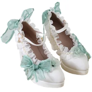 Lolita high heels lace bow high heels Elegant pointed sandals Bold heel Heel height 6cm (4.5, Green)