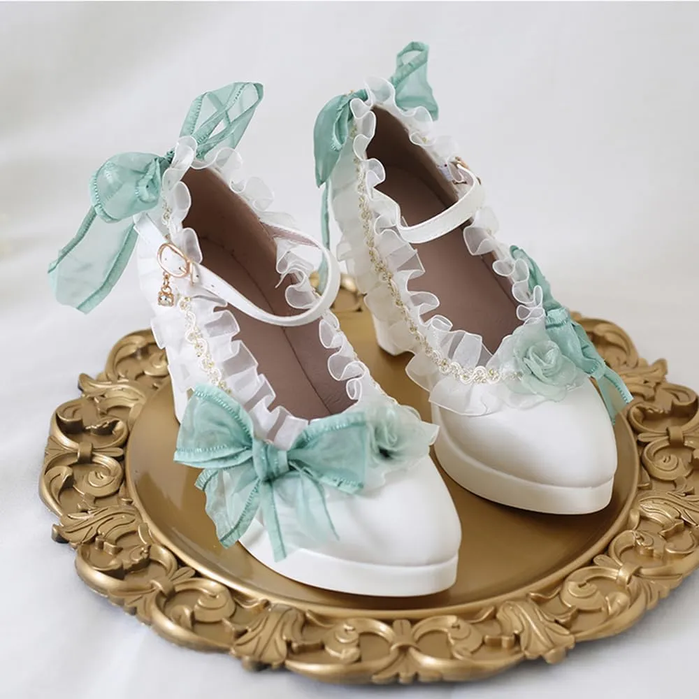 Lolita high heels lace bow high heels Elegant pointed sandals Bold heel Heel height 6cm (4.5, Green)
