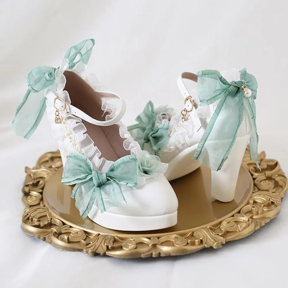 Lolita high heels lace bow high heels Elegant pointed sandals Bold heel Heel height 6cm (4.5, Green)