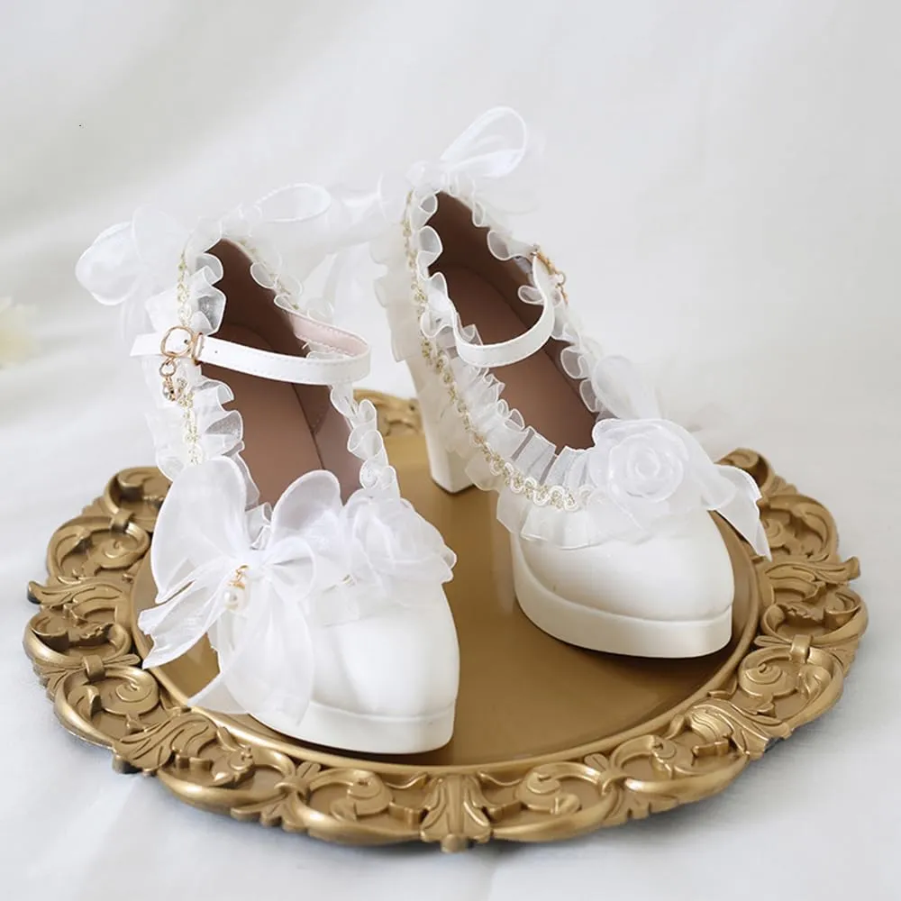 Lolita high Heels lace Bow high Heels Elegant Pointed Sandals Bold Heel Heel Height 6cm (4.5, White)
